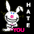 Pixelated white rabbit with blue eyes and pink nose holding a microphone, standing against black background with 'HATE YOU' text in vertical and horizontal arrangements.