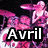 Pixelated image with pink and purple abstract shapes on black background, featuring bold white text 'Avril' in a black rectangular block.