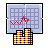 Pixel art icon showing a grid with red line graph and cityscape below, framed by black border on gray background.