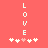 A static image with a solid coral background displays the word 'LOVE' in vertical white pixelated letters, each letter formed from blocky pixels. Below the text are five small heart symbols arranged horizontally.
