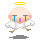 Pixelated angel icon with pink cheeks, blue tears, and white wings in four sequential poses showing wing position changes.