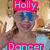A person wearing blue sunglasses and a light blue top with hands raised in front of a golden background, surrounded by colorful text overlays.
