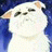 Static pixelated image of a white cartoon animal with closed eyes and pink cheeks against a blue background, likely an anime-style mascot or character icon.