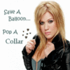 A woman with long blonde hair wearing a black jacket over a teal top, holding a small object near her chest with a clenched fist, next to text reading 'Saw A Balloon... Pop A Collar' and a cluster of brown squares.