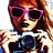 Pixelated image of a person with reddish-brown hair wearing pink sunglasses and dark clothing against a light background.