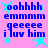 Pixelated blue text on pink background with cyan stars, displaying 'oohhh emmmm geeeee i luv him' in two identical