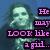 Pixelated image with split showing text overlays and figures, including a person with long hair and a heart symbol