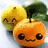 Animated fruit characters with smiling faces, one yellow fruit with closed eyes and one orange fruit with open eyes, both with green leaves on a light background.