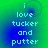 Pixelated text reads 'i love tucker and putter' on a green-to-blue gradient background with subtle circular patterns.