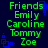 Green text listing names under 'Friends' with blue square icons on a dark blue background, displayed in a of four identical