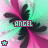 A 5x5 contact sheet of animated frames showing a stylized angel icon with pink and teal color scheme, featuring repeated text "ANGEL" in cyan font over abstract wing-like shapes.