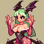 Pixel art character with green hair, black horns, and a dark outfit holding hands up in front of a beige background.