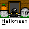 A Halloween-themed animated contact sheet showing multiple frames of a pixel-art buddy icon with tombstones, pumpkins, and ghostly figures in various states of animation.