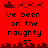Red background with dark brown pixel art of Santa's sleigh and reindeer above text reading 'ive been on the naughty list' in black lowercase letters.