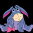 Pixelated blue donkey with pink inner ears and bow stands against black background, next to cyan with 'I Love Eeyore!!!!!' text