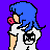 Pixelated character with blue hair and white shirt holding pink rose against purple background, next to green text reading 'Original Icons .com'.