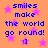 Pixelated orange background with pink stars and blue text reading 'smiles make the world go round! :]' in four identical