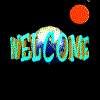 Animated sequence showing a blue and white globe with a golden 'WELCOME' text partially obscured by the globe, transitioning through various states of text visibility and globe rotation against a black background with red dots.