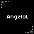 Pixelated black-and-white animation featuring repeated 'Angelal' text and star-shaped icons with dotted trails, alternating between white and gray states.
