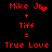 Red pixelated text and symbols on black background show two side-by-side equations with 'Mike Jr.' plus 'Tiff' equals 'True Love', each with distinct animation variations.