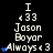 Pixelated text and symbols on a black background with blue heart icons, showing repeated patterns of 'I <33 Jason Boyar' and 'Always <3'.
