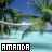Pixelated beach scene with palm trees and blue sky, text 'AMANDA' in block letters at bottom left.