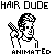 Pixel art character with styled hair, wearing a sleeveless shirt, shown in multiple poses including hand-to-head and raised arm gestures.