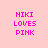 Four display 'NIKI LOVES PINK' text in pink pixelated font on light pink background with black rectangular overlays shifting positions