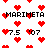 Pixelated red hearts scatter across a white background with repeated text 'MARIMETA', '7.5', and ''07' in black block letters.