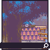 Pixel art scene showing a tree with blue foliage and brown branches, a multi-tiered structure with purple and orange elements, and a small white circular object on top.