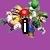 Pixelated Mario characters in various poses with overlaid text on solid backgrounds.