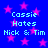 Blue background with pink stars and repeated light blue text reading "Cassie Hates Nick & Tim" in a pattern