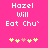Pixelated text 'Hazel Will Eat Chu' on bright pink background with yellow and light pink flower icons below, two identical frames side-by-side.