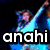 Animated sequence showing a person in a light blue outfit with arms raised, transitioning between text labels 'anahi', 'tinker', 'bel', and 'any' over a dark background.