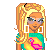 Pixelated character with blonde hair, sunglasses, turquoise top, dark pants, and a yellow palm tree bag.