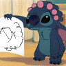 Animated character with blue-gray skin and pink curlers holds a white paper showing evolving text from abstract lines to 'Dumbo' in gray script.