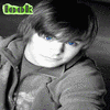 Four grayscale portrait with green text overlays, each showing a young person with blue eyes in different poses and clothing, arranged in a