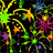 A static pixelated image of colorful fireworks against a black background, featuring yellow, green, orange, purple, and pink bursts with radiating lines.