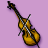 Pixelated image of a string instrument with brown body, black neck, and silver strings against lavender background.