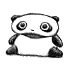 Six black-and-white cartoon panda icons arranged in two , each with distinct eye expressions and mouth shapes on a gray background