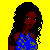 Pixelated cartoon figure with long black hair in blue dress, standing against bright yellow background with text below.