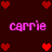 Pixelated pink text 'carrie' appears in two with red heart icons scattered on a dark brown background