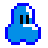 Two blue pixelated characters with black eyes and white mouths on gray background, one character's mouth is open wider than the other.