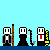 Pixel art animation of a character with changing musical instrument props and text labels on light blue background.