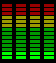 Animated sequence of vertical bar graphs with red, yellow, green, and black segments showing dynamic audio visualization changes across frames.