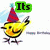 Pixelated yellow bird with red-purple party hat, smiling, holding silver object, green text boxes reading 'Its', 'My', and 'Birthday!' across frames.