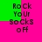 Pixelated text 'Rock Your Socks Off' on a bright pink background with green rectangular sections, displayed in four identical
