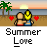 Animated pixel art contact sheet showing six frames of a beach scene with two stick figures embracing, hearts floating around them, and