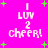 Pixelated text 'I LUV 2 cheer!' in white on bright pink background with green starbursts, repeated in four identical quadrants.