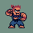Pixel art character with reddish-brown hair, dark blue overalls, and orange skin in four distinct poses against a solid teal background.